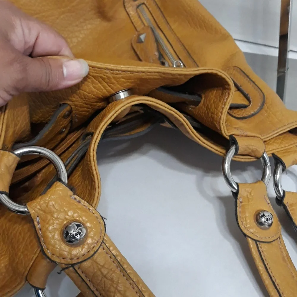 Kathy Van Zeeland Metal Studded Drawstring Bucket Bag In Mustard Yellow *EUC* - Picture 10 of 11